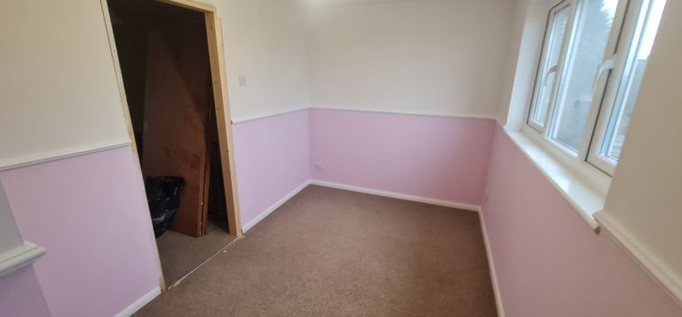 Empty room with pink-painted lower walls and beige carpet, featuring a door and windows.